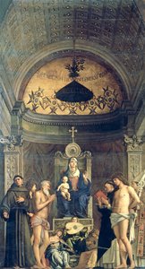 Madonna z Dzieciątkiem na tronie między SS. Franciszek, Jan Chrzciciel, Hiob, Dominik, Sebastian i Ludwik (Ołtarz San Giobbe) ok. 1487 (szczegóły patrz 61101 i 276359) autorstwa Giovanni Bellini