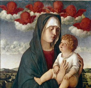Dziewica z dzieckiem i aniołami. Szczegóły (tempera na panelu)