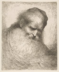 Brodaty mężczyzna w czapce spoglądający w dół w prawo, z cyklu „Głowy w Or..., ca. 1648-50. autorstwa Giovanni Benedetto Castiglione