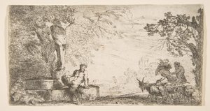 Satyr leżący u stóp posągu Priapa, po prawej kozy, ca. 1645-48. autorstwa Giovanni Benedetto Castiglione