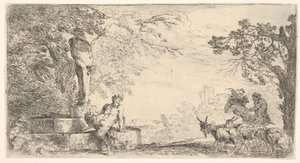Satyr leżący u stóp posągu Priapa, po prawej kozy, ca. 1645-48. autorstwa Giovanni Benedetto Castiglione