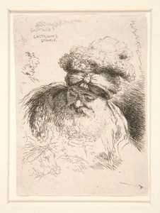Stary mężczyzna z dużą brodą, widziany z przodu, z spuszczoną głową i oczami, z cyklu Les petites tetes d autorstwa Giovanni Benedetto Castiglione