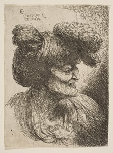 Popiersie starca bez brody z profilu w prawo, z cyklu Mała głowa..., ca. 1645-1650. autorstwa Giovanni Benedetto Castiglione