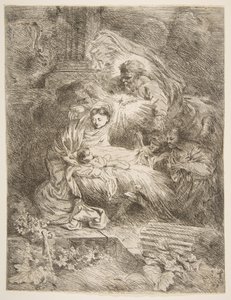 Bóg Ojciec obserwujący Dziewicę z Dzieciątkiem, po prawej aniołowie, ok. godz. 1645-47. autorstwa Giovanni Benedetto Castiglione