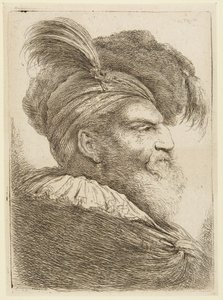 Głowa brodatego mężczyzny w kapeluszu z piórami autorstwa Giovanni Benedetto Castiglione