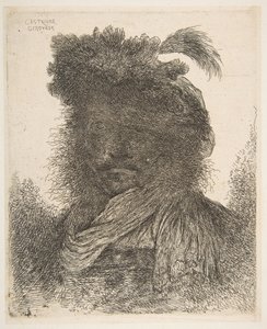 Głowa mężczyzny w cieniu zwrócona lekko w lewo, z cyklu Large Or..., ca. 1645-1650. autorstwa Giovanni Benedetto Castiglione