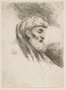Głowa starego brodatego mężczyzny zwrócona w prawo, z cyklu Małych głów w Orien..., ca. 1645-1650. autorstwa Giovanni Benedetto Castiglione