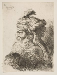 Głowa starca w turbanie zwrócona w lewo, z cyklu Małych głów w..., ca. 1645-1650. autorstwa Giovanni Benedetto Castiglione