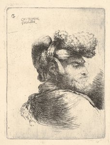 Mężczyzna z profilu zwrócony w prawo, w futrzanym kapeluszu, z serii Małe głowy w Or..., ca. 1645-1650. autorstwa Giovanni Benedetto Castiglione