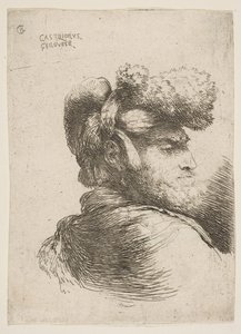 Mężczyzna z profilu zwrócony w prawo, w futrzanym kapeluszu, z serii Małe głowy w Or..., ca. 1645-1650. autorstwa Giovanni Benedetto Castiglione