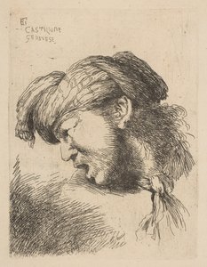 Mężczyzna w turbanie, z krawatem zawiązanym na szyi, przodem w lewo, z serii ..., ok. godz. 1645-50. autorstwa Giovanni Benedetto Castiglione