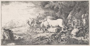 Noe i zwierzęta wchodzące do arki, ok. godz. 1650-55. autorstwa Giovanni Benedetto Castiglione