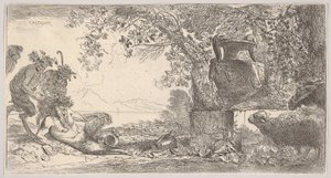 Po lewej stronie półleżąca patelnia z dwoma stojącymi satyrami, po prawej duża waza na postumencie, ca. 1645. autorstwa Giovanni Benedetto Castiglione