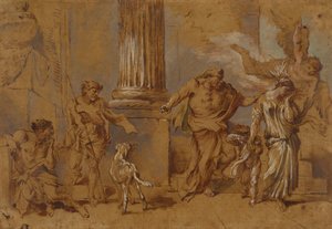 Wypędzenie Hagar, ok. 1640 (czerwono-brązowa, niebiesko-zielona i biała farba olejna i pędzel na beżowym papierze) autorstwa Giovanni Benedetto Castiglione
