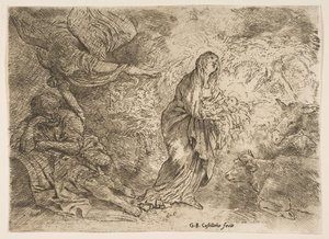 Anioł budzący Józefa do obecności Dziewicy z Dzieciątkiem, ok. godz. 1645-49. autorstwa Giovanni Benedetto Castiglione