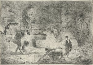 Tobit grzebiący zmarłego, ok. 1647-51 autorstwa Giovanni Benedetto Castiglione