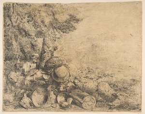 Dwóch pasterzy, osioł i inne zwierzęta w krajobrazie, ca. 1638-1640. autorstwa Giovanni Benedetto Castiglione