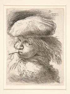 Młody człowiek dmuchający w trąbkę, z cyklu Les petites tetes d autorstwa Giovanni Benedetto Castiglione