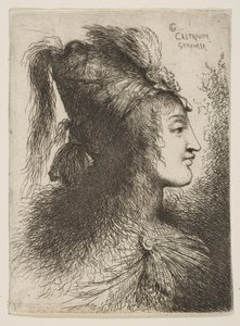 Młody mężczyzna w turbanie z pióropuszem, twarzą w prawo, z cyklu Małe głowy…, ok. 1900. 1645-1650. autorstwa Giovanni Benedetto Castiglione