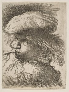 Młody mężczyzna z trąbką zwróconą w lewo, z cyklu Małe głowy w orientalnym..., ca. 1645-1650. autorstwa Giovanni Benedetto Castiglione