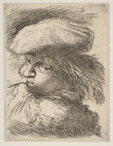 Młody mężczyzna z trąbką zwróconą w lewo, z cyklu Małe głowy w orientalnym..., ca. 1645-1650. autorstwa Giovanni Benedetto Castiglione