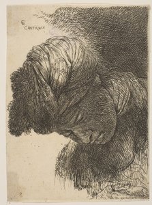 Młody mężczyzna z opuszczoną głową, w turbanie, przodem do lewej, z cyklu o..., ca. 1645-1650. autorstwa Giovanni Benedetto Castiglione