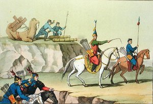 Oddział nacierających żołnierzy, ilustracja z „Le Costume Ancien et Moderne” Giulio Ferrario, wydana ok. 1820-30 (kolor lito)
