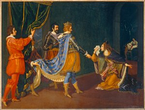 Izabela Aragońska błaga Karola VIII w imieniu swojego ojca, Alfonsa, króla Neapolu, i jej męża, Giovanniego Galeazzo Sforzy, księcia Mediolanu ...