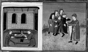 Decameron, Giovanni del Bragoniera i Biagio Pizzini kradną relikwię bratu Ciboule; zakonnik naznacza węglem ubrania wieśniaków. Dzień szósty, wiadomość nr 10 autorstwa Giovanni Boccaccio