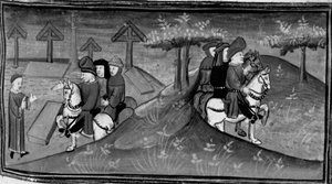 Dekameron, Betto Brunelleschi i jego brygada spotykają Guido Cavalcantiego; Betto wyjaśnia słowa Guido swoim przyjaciołom. Dzień szósty, wiadomość nr 9 autorstwa Giovanni Boccaccio