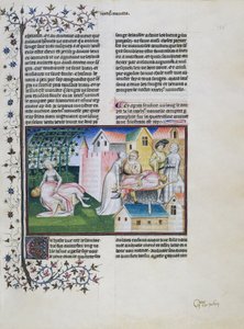Gabriotto umiera w ramionach Andreuoli, Andreuola przynosi jego ciało do domu i zostaje aresztowany, Andreuola zostaje uznana za niewinną i zostaje zakonnicą, miniatura Dekameronu, Dzień czwarty, Opowieść szósta, autorstwa Giovanniego Boccaccio (1313-1375)