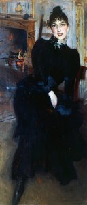 Alaide Banti przy kominku (olej na panelu) autorstwa Giovanni Boldini