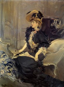 Belle Epoque: „” wizyta””” Elegancka młoda kobieta w sukni wieczorowej. Obraz Giovanniego Boldiniego autorstwa Giovanni Boldini