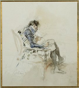 Pan siedzący w fotelu czytający książkę i palący fajkę autorstwa Giovanni Boldini