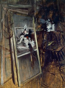 Wewnątrz pracowni malarskiej z obrazem Młoda dziewczyna, Errazuriz, autorstwa Giovanniego Boldiniego (1842-1931) autorstwa Giovanni Boldini