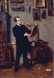 Włochy, Florencja, młody mężczyzna oglądający obraz autorstwa Giovanni Boldini