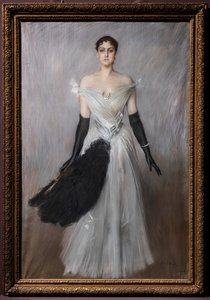 Portret damy w bieli z rękawiczkami i wachlarzem autorstwa Giovanni Boldini
