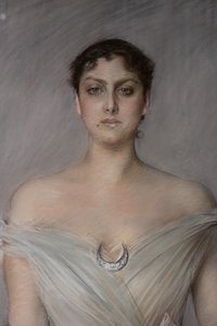 Retrato de uma senhora de branco com luvas e leque, detalhe polonês autorstwa Giovanni Boldini