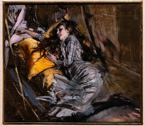 Leżąca dziewczyna w sukience w szkocką kratę autorstwa Giovanni Boldini