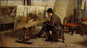 Malarz Giovanni Fattori w swoim warsztacie Malarstwo przypisywane Giovanniemu Boldiniemu (1842-1931) 1863-1869 Nd. 13x24 cm kolekcja prywatna Mediolan autorstwa Giovanni Boldini