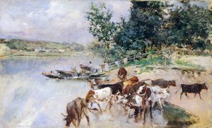 Pojenie bydła nad Sekwaną – Giovanni Boldini (1842-1931) autorstwa Giovanni Boldini