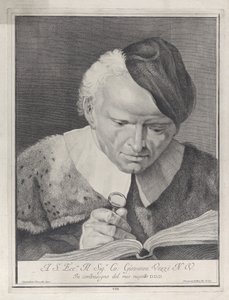 Mężczyzna w kapeluszu czytający książkę pod lupą, 1743. autorstwa Giovanni Cattini