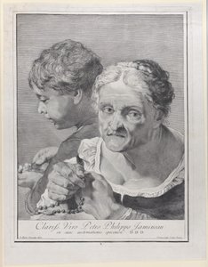 Stara kobieta z różańcem i chłopcem liczącym monety, 1743 r. autorstwa Giovanni Cattini
