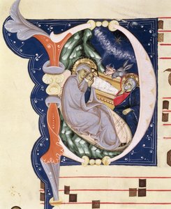 Ms 561 f.31v Historiograficzny inicjał "D" przedstawiający Narodzenie, z graduału z klasztoru San Jacopo di Ripoli, początek XIV w.