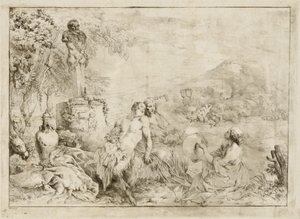 Krajobraz z rodziną satyrów i rzeźbą klasyczną autorstwa Giovanni David after Giovanni Benedetto Castiglione
