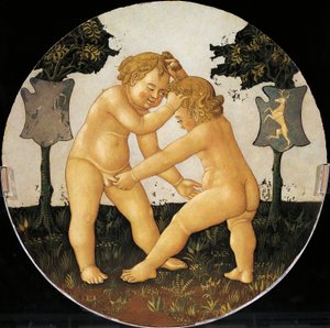 Gra Putti, detal z tyłu tacy porodowej (malarstwo okrągłe), ok. 1450, autorstwa Giovanniego di Ser Giovanni, znanego jako Lo Scheggia (1406-1486), tempera na drewnie