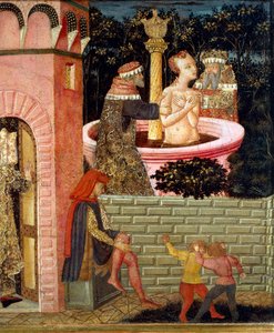 Historie Susanne, ok. 1450, przedni panel malowanej skrzyni, Giovanni di Ser Giovanni, znany jako Lo Scheggia (1406-1486), tempera na drewnie Szczegół