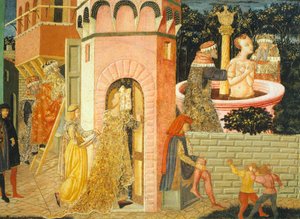 Historie Susanne, ok. 1450, prawa strona malowanej skrzyni autorstwa Giovanniego di Ser Giovanni, znanego jako Lo Scheggia (1406-1486), tempera na desce, Szczegół