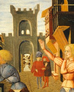 gra o nazwie civettino, fragment prawej strony tacy porodowej (okrągły obraz), około 1450 roku, autorstwa Giovanniego di Ser Giovanniego, znanego jako Lo Scheggia (1406-1486), tempera na panelu