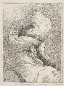 Brodaty mężczyzna w turbanie, ukazany w popiersiu od tyłu w ujęciu trzy czwarte, ze „Zbioru głów” (Raccolta di teste) autorstwa Giovanni Domenico Tiepolo